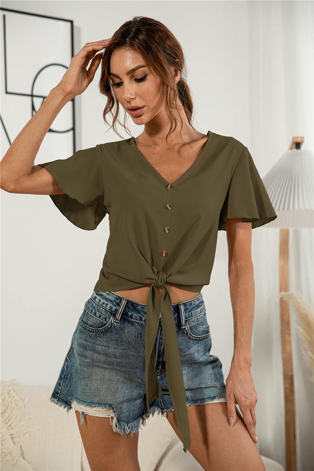 Authentic Me V Neck Tie Front Blouse - MXSTUDIO.COM