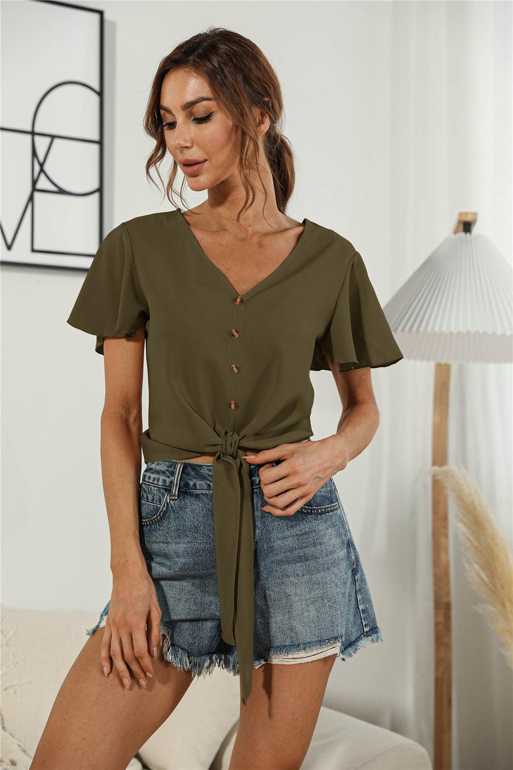 Authentic Me V Neck Tie Front Blouse - MXSTUDIO.COM