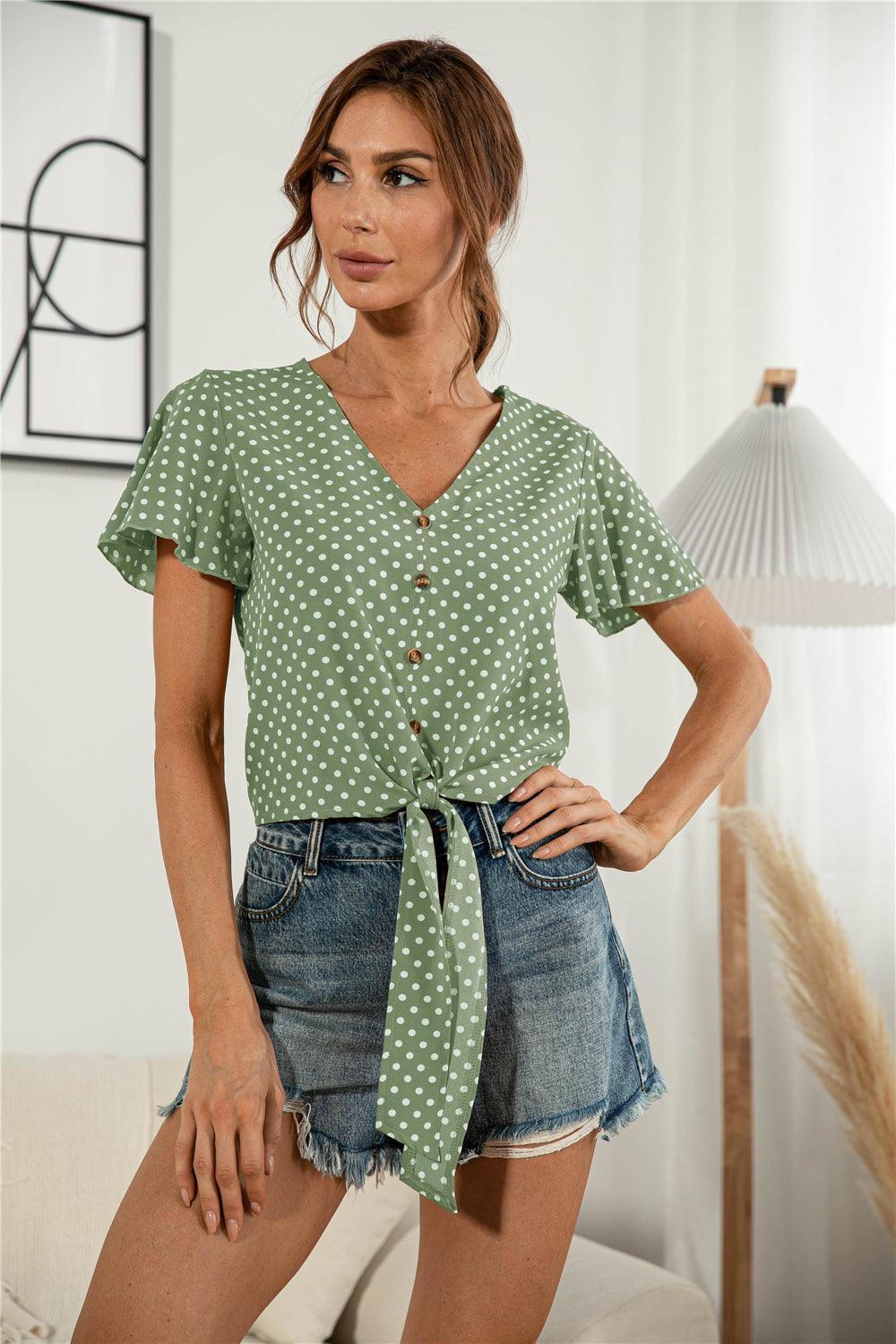 Authentic Me V Neck Tie Front Blouse - MXSTUDIO.COM