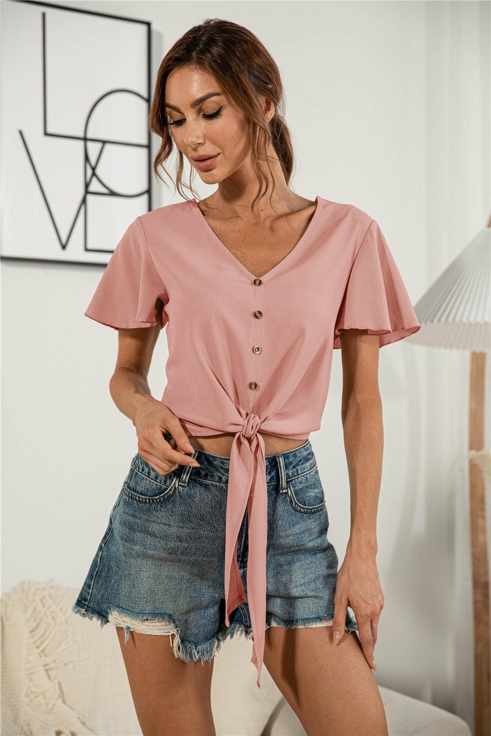 Authentic Me V Neck Tie Front Blouse - MXSTUDIO.COM