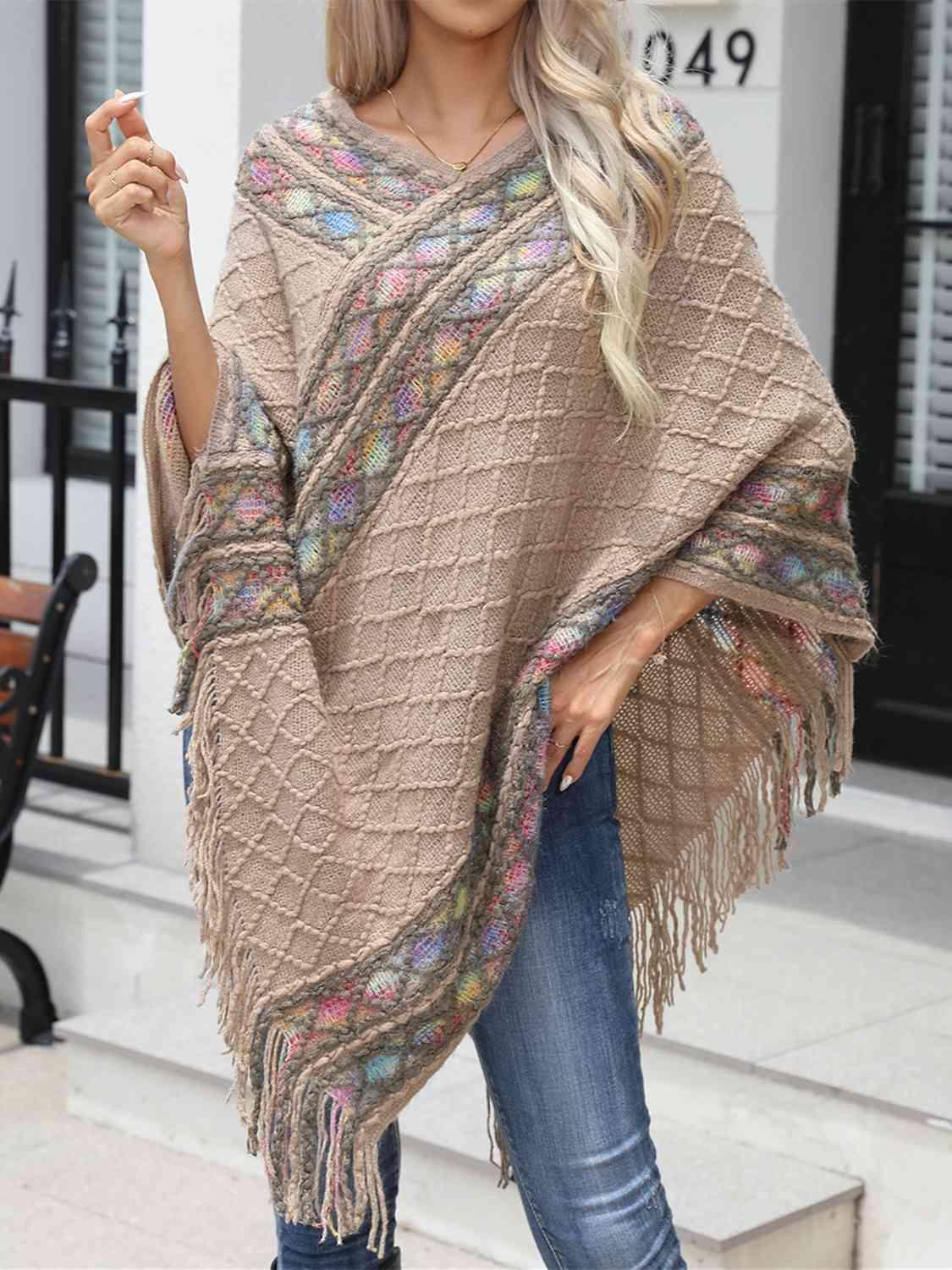 Autumn Boho Fringe Beige Poncho-MXSTUDIO.COM