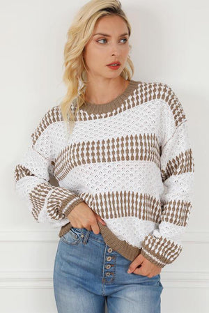 Autumn Charm Crew Neck Striped Knit Sweater-MXSTUDIO.COM