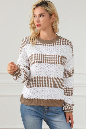 Autumn Charm Crew Neck Striped Knit Sweater-MXSTUDIO.COM