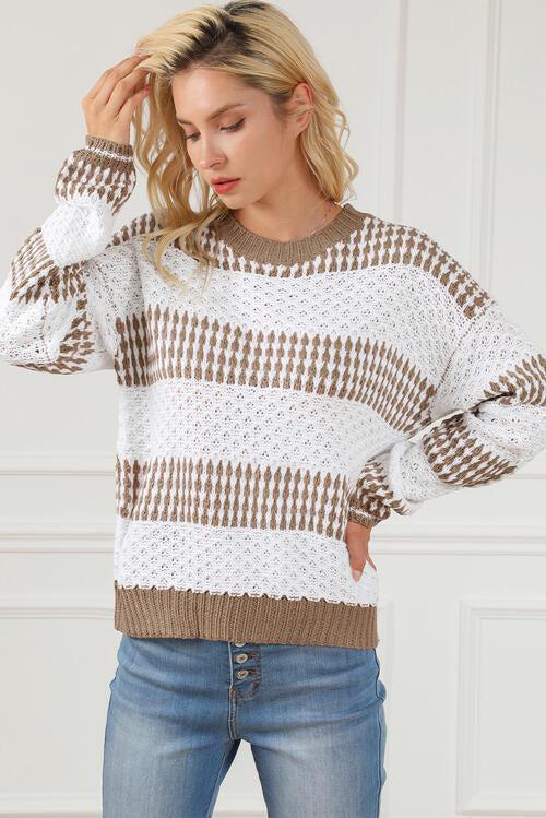 Autumn Charm Crew Neck Striped Knit Sweater-MXSTUDIO.COM