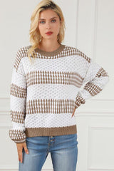 Autumn Charm Crew Neck Striped Knit Sweater-MXSTUDIO.COM