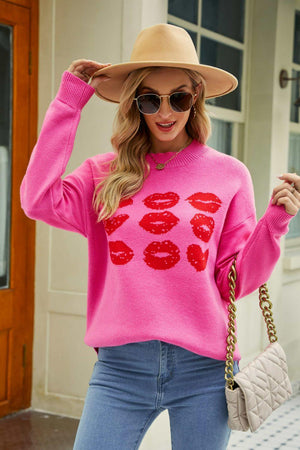 Autumn Darling Ribbed Knit Graphic Lips Sweater - MXSTUDIO.COM