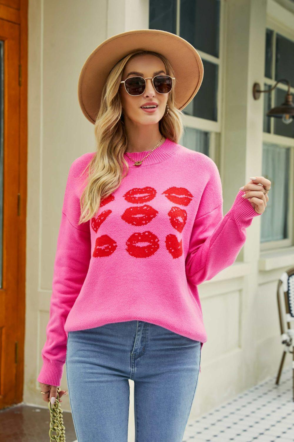 Autumn Darling Ribbed Knit Graphic Lips Sweater - MXSTUDIO.COM