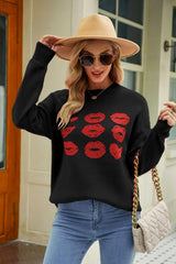 Autumn Darling Ribbed Knit Graphic Lips Sweater - MXSTUDIO.COM