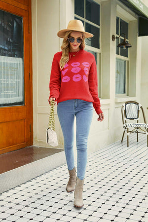 Autumn Darling Ribbed Knit Graphic Lips Sweater - MXSTUDIO.COM