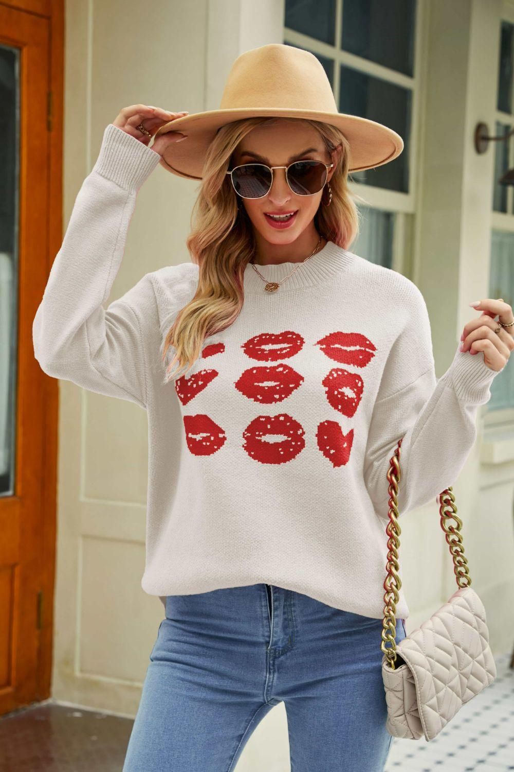 Autumn Darling Ribbed Knit Graphic Lips Sweater - MXSTUDIO.COM