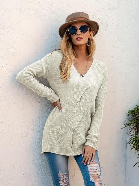 Autumn Diva Crisscross Detail V Neck Sweater - MXSTUDIO.COM