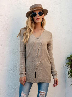 Autumn Diva Crisscross Detail V Neck Sweater - MXSTUDIO.COM