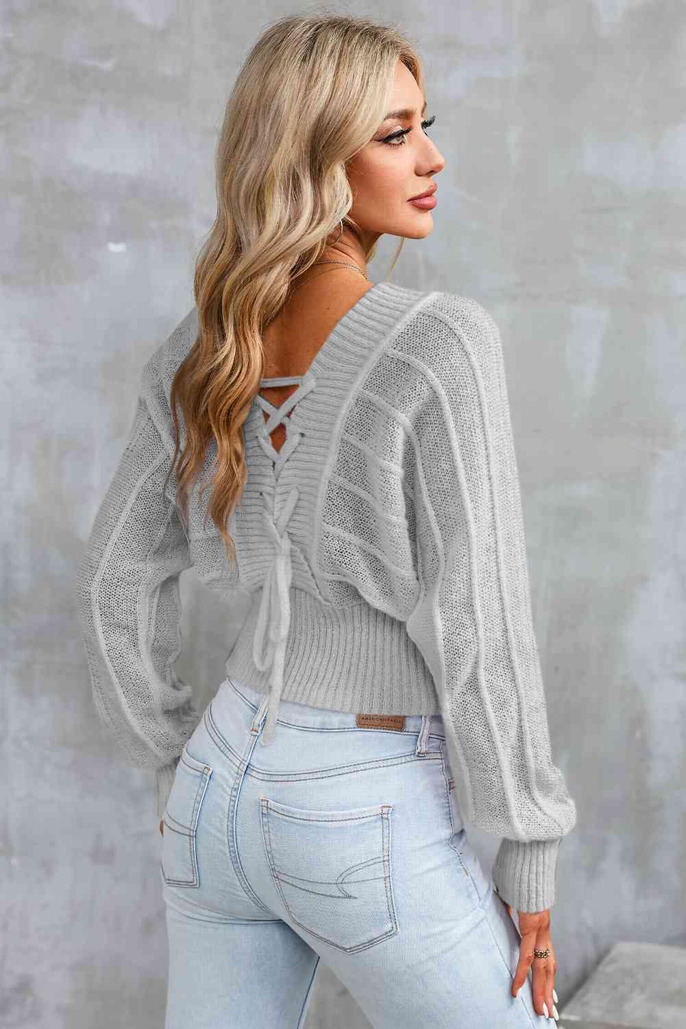 Autumn Drama Lace Up Deep V Neck Sweater - MXSTUDIO.COM