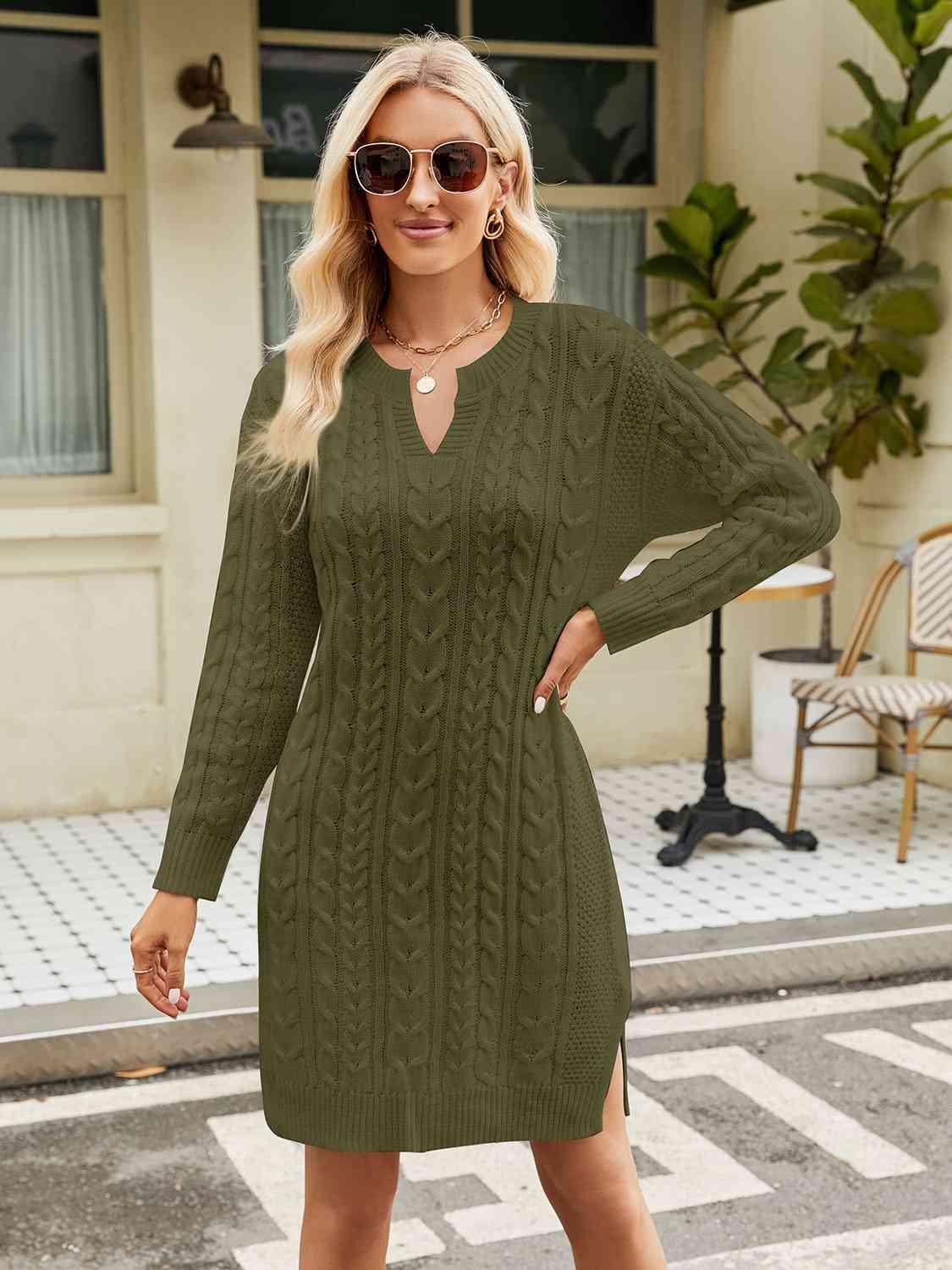 Autumn Drama Long Sleeve Cable Knit Sweater Dress - MXSTUDIO.COM