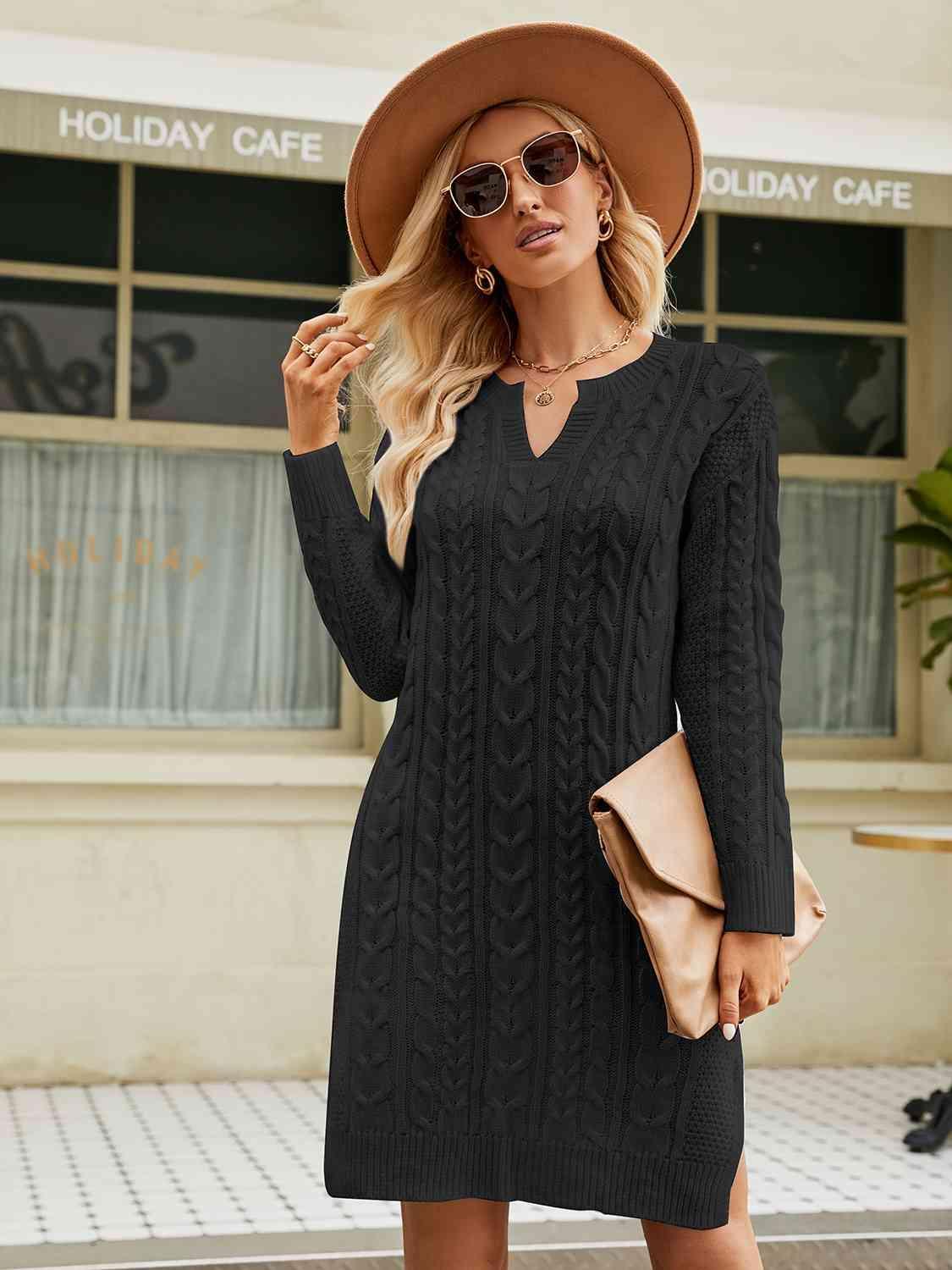 Autumn Drama Long Sleeve Cable Knit Sweater Dress - MXSTUDIO.COM