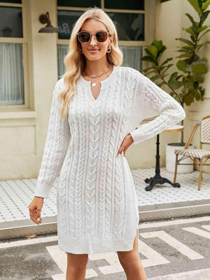 Autumn Drama Long Sleeve Cable Knit Sweater Dress - MXSTUDIO.COM