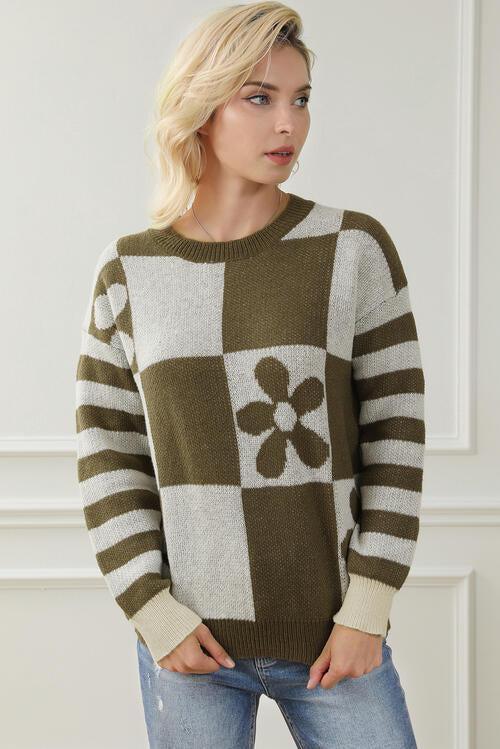 Autumn Feels Knit Crew Neck Floral Sweater-MXSTUDIO.COM