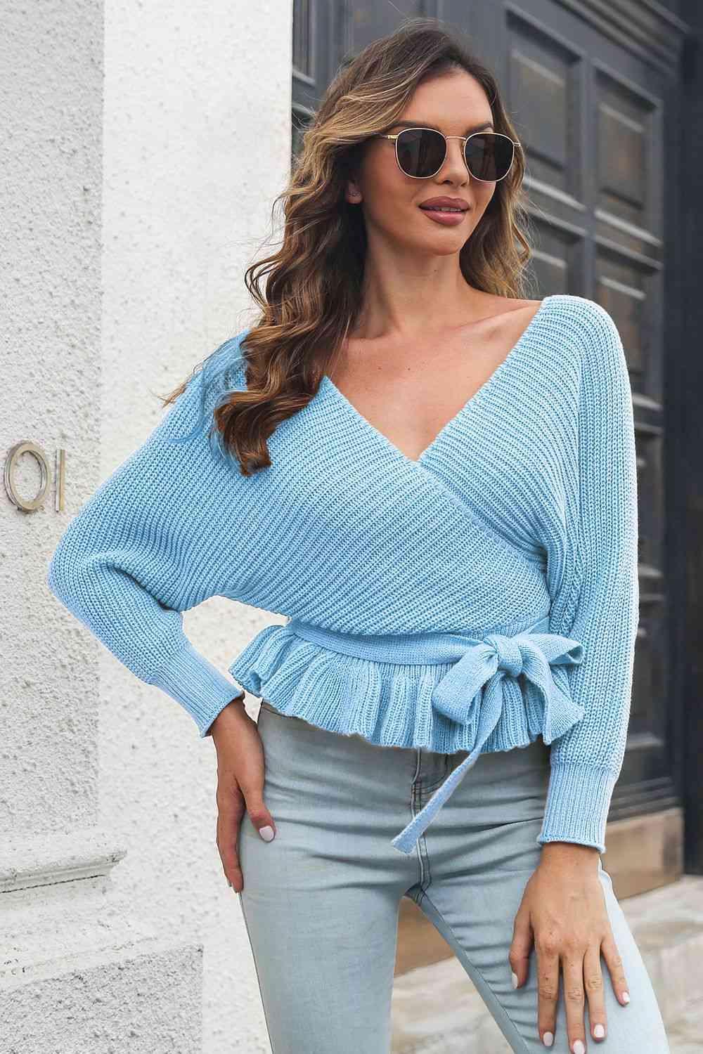 Autumn Glam Tie Waist Ruffle Sweater - MXSTUDIO.COM