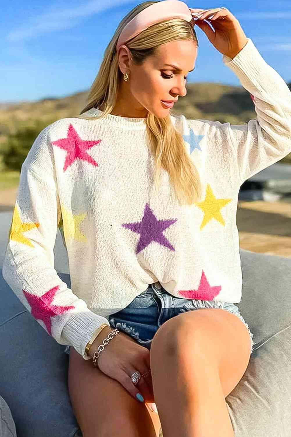 Autumn Glow Crew Neck Knit Star Sweater-MXSTUDIO.COM