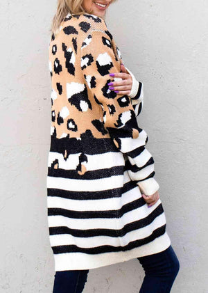 Autumn Layer Striped Leopard Print Long Cardigan-MXSTUDIO.COM