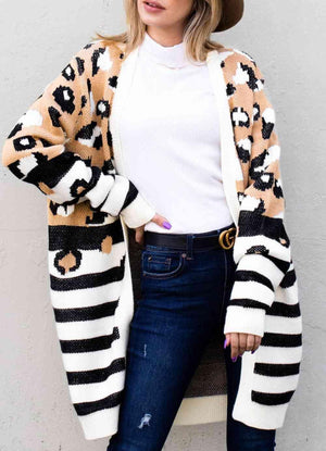 Autumn Layer Striped Leopard Print Long Cardigan-MXSTUDIO.COM