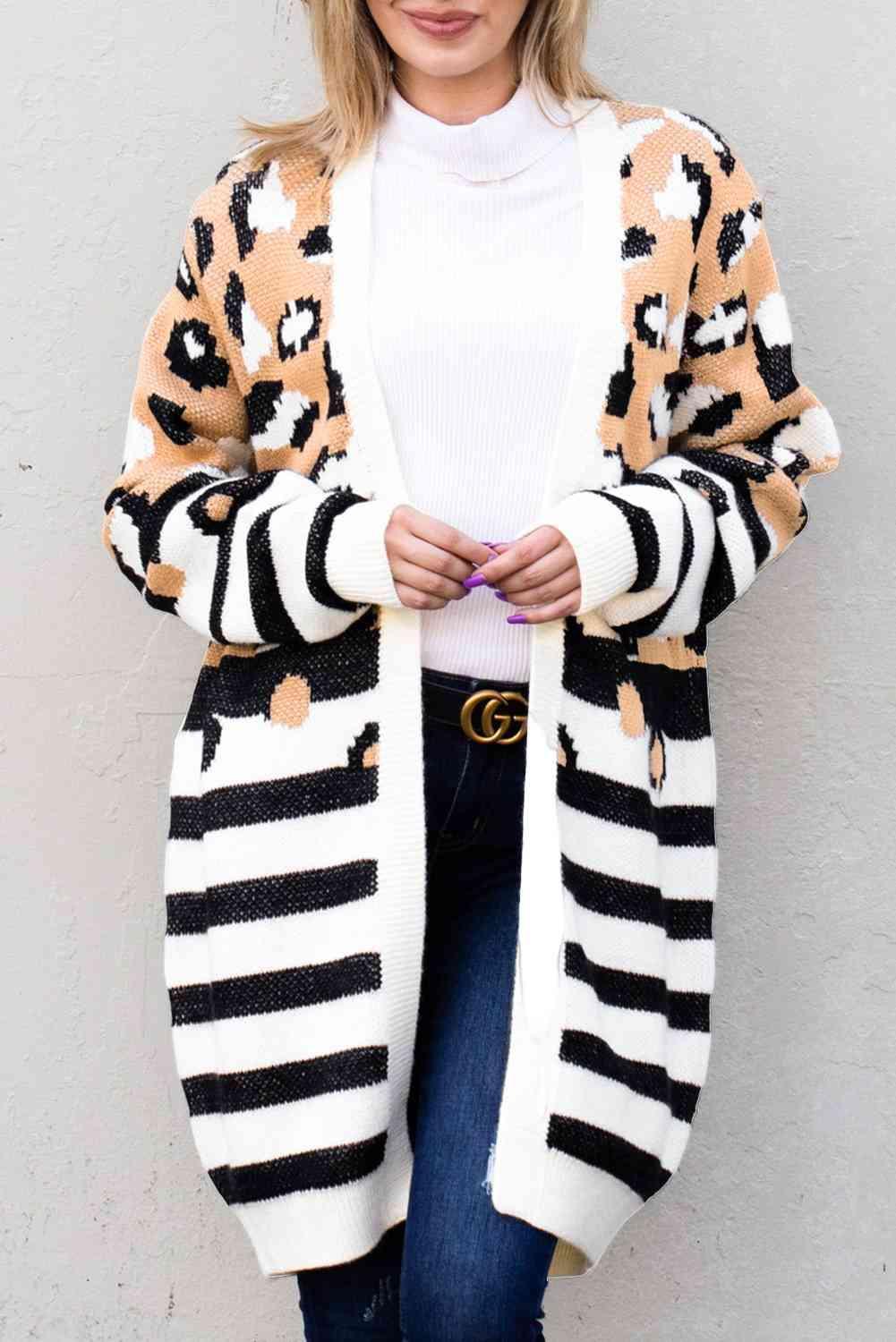 Autumn Layer Striped Leopard Print Long Cardigan-MXSTUDIO.COM