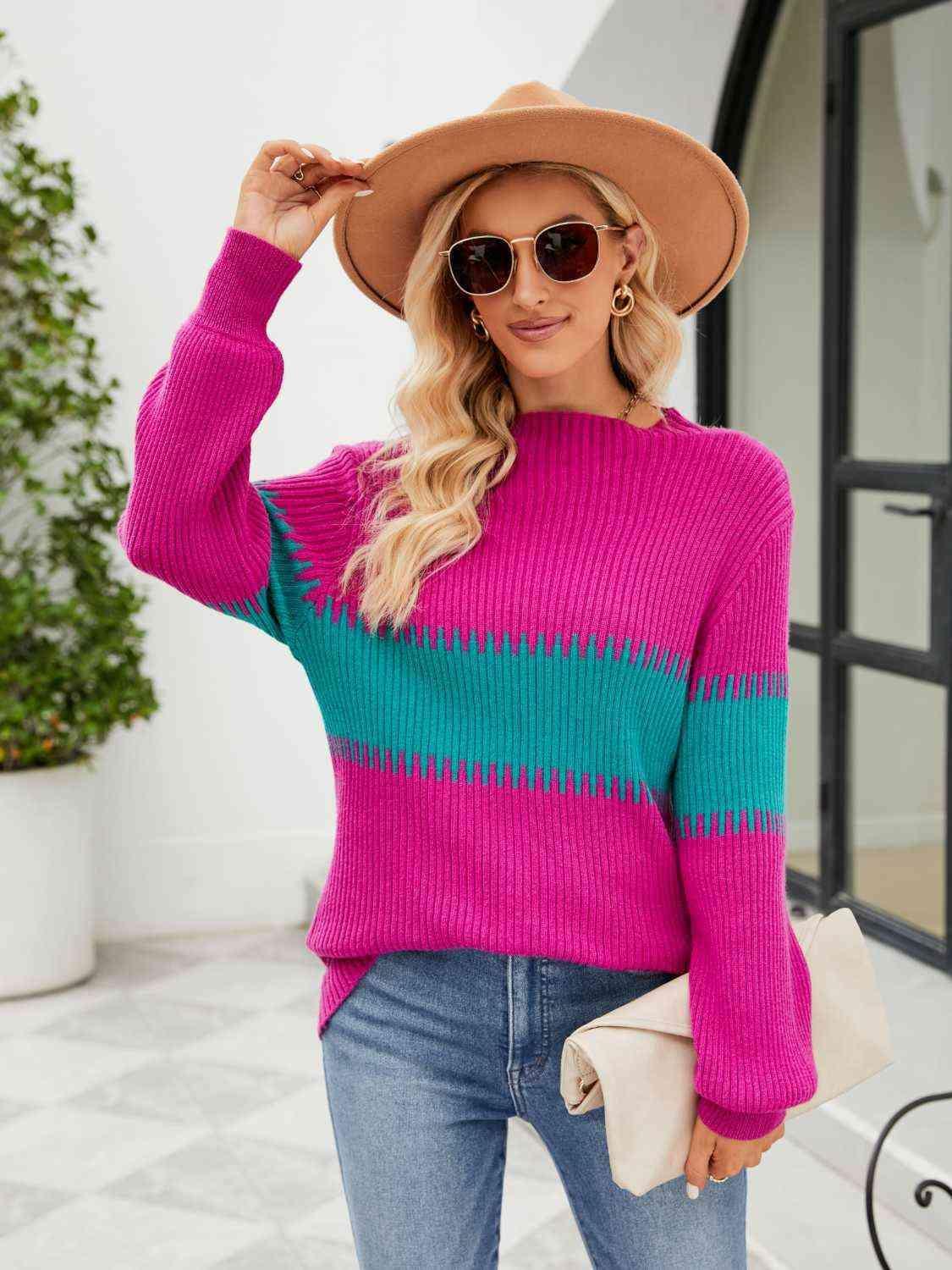 Autumn Mode Long Sleeve Color Block Sweater - MXSTUDIO.COM