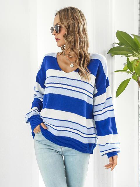 Autumn Saturday Striped V Neck Sweater - MXSTUDIO.COM
