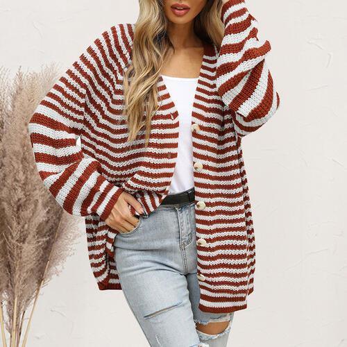 Autumn Weekend Striped Knit Cardigan With Buttons-MXSTUDIO.COM