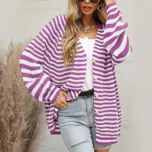 Autumn Weekend Striped Knit Cardigan With Buttons-MXSTUDIO.COM