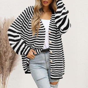 Autumn Weekend Striped Knit Cardigan With Buttons-MXSTUDIO.COM