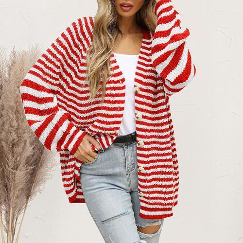 Autumn Weekend Striped Knit Cardigan With Buttons-MXSTUDIO.COM