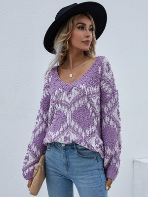 Awe-Inspiring Geometric Print Chunky Knit Sweater - MXSTUDIO.COM