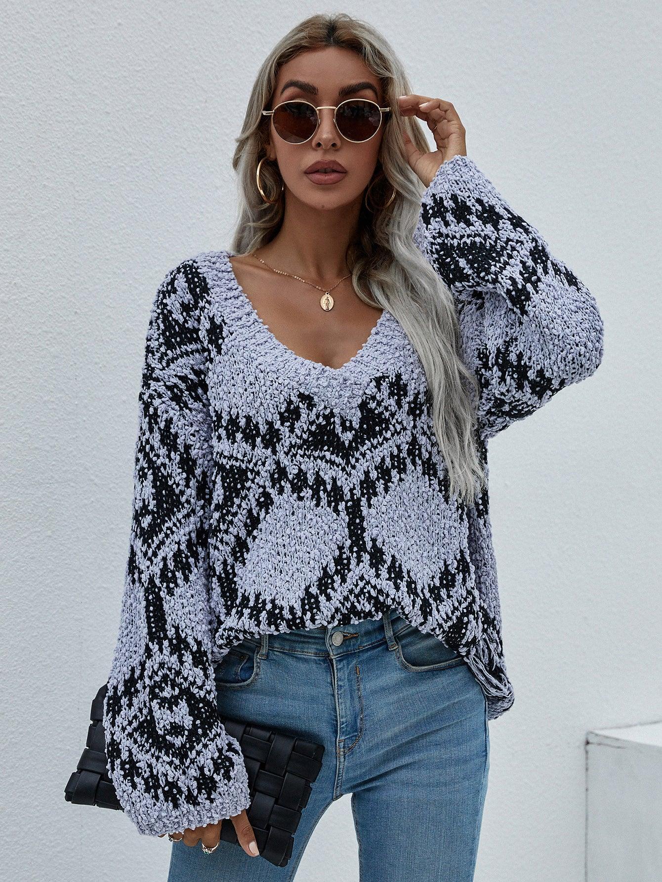 Awe-Inspiring Geometric Print Chunky Knit Sweater - MXSTUDIO.COM