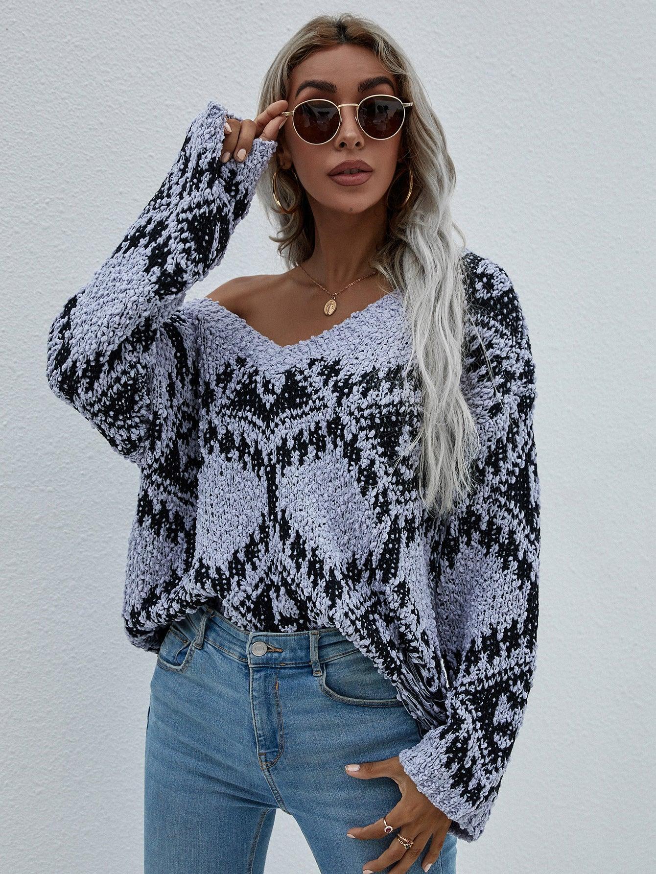 Awe-Inspiring Geometric Print Chunky Knit Sweater - MXSTUDIO.COM