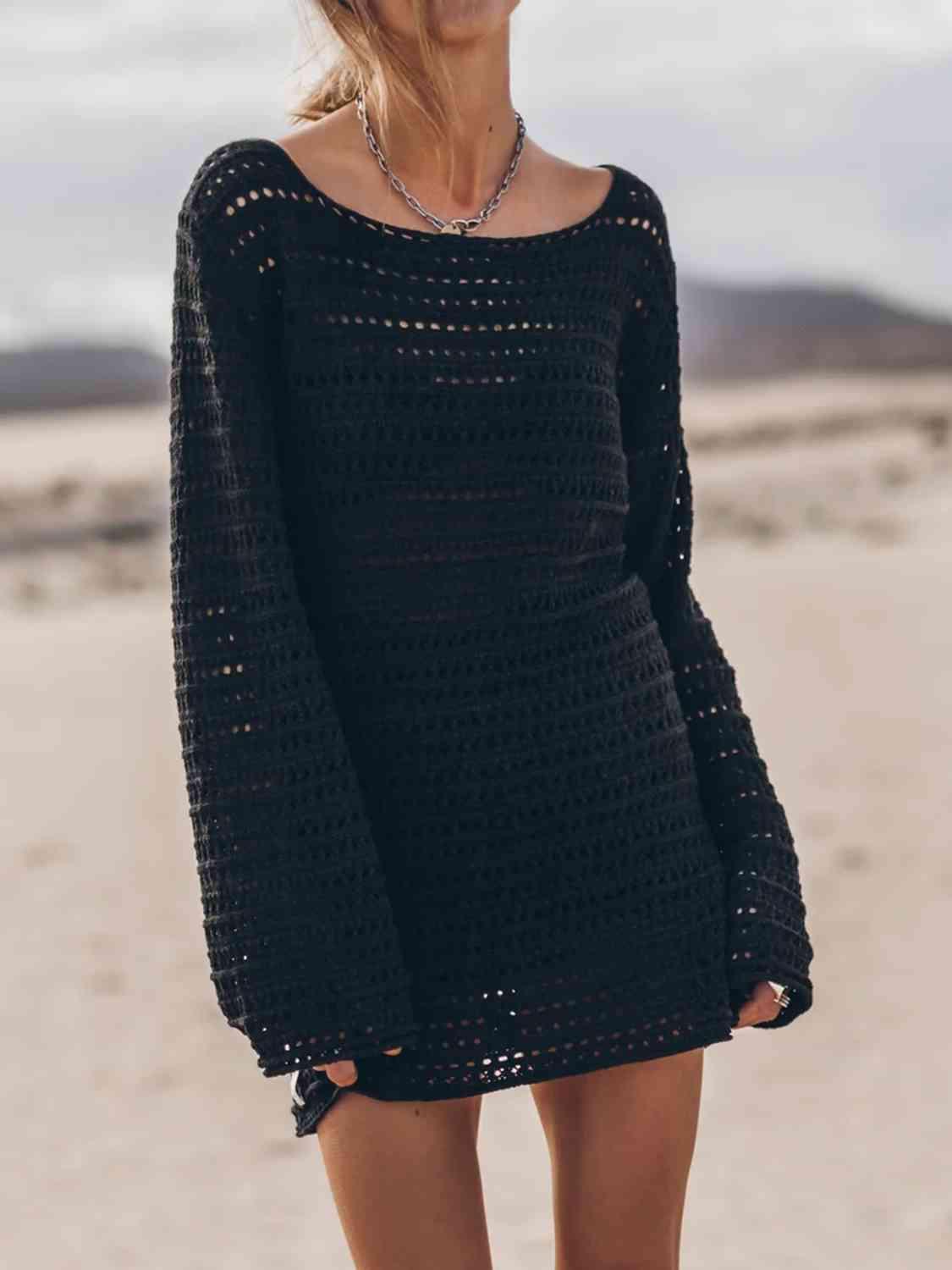 Awe-Striking Open Knit Tied Open Back Sweater Dress-MXSTUDIO.COM