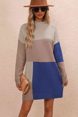 Awesome Warmth Color Block Sweater Dress - MXSTUDIO.COM