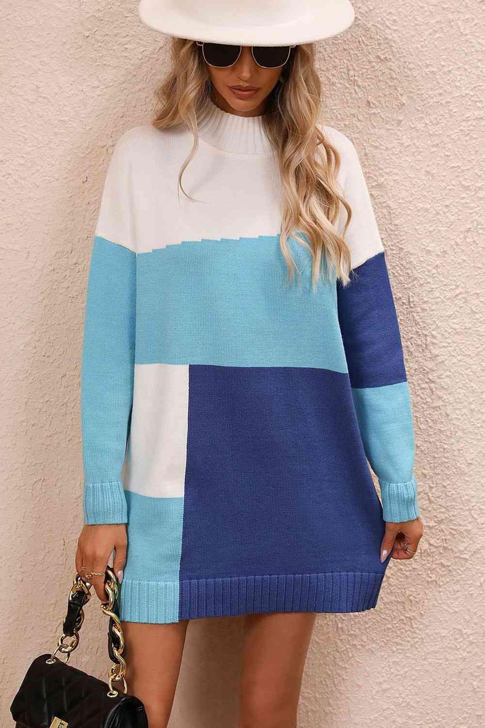 Awesome Warmth Color Block Sweater Dress - MXSTUDIO.COM