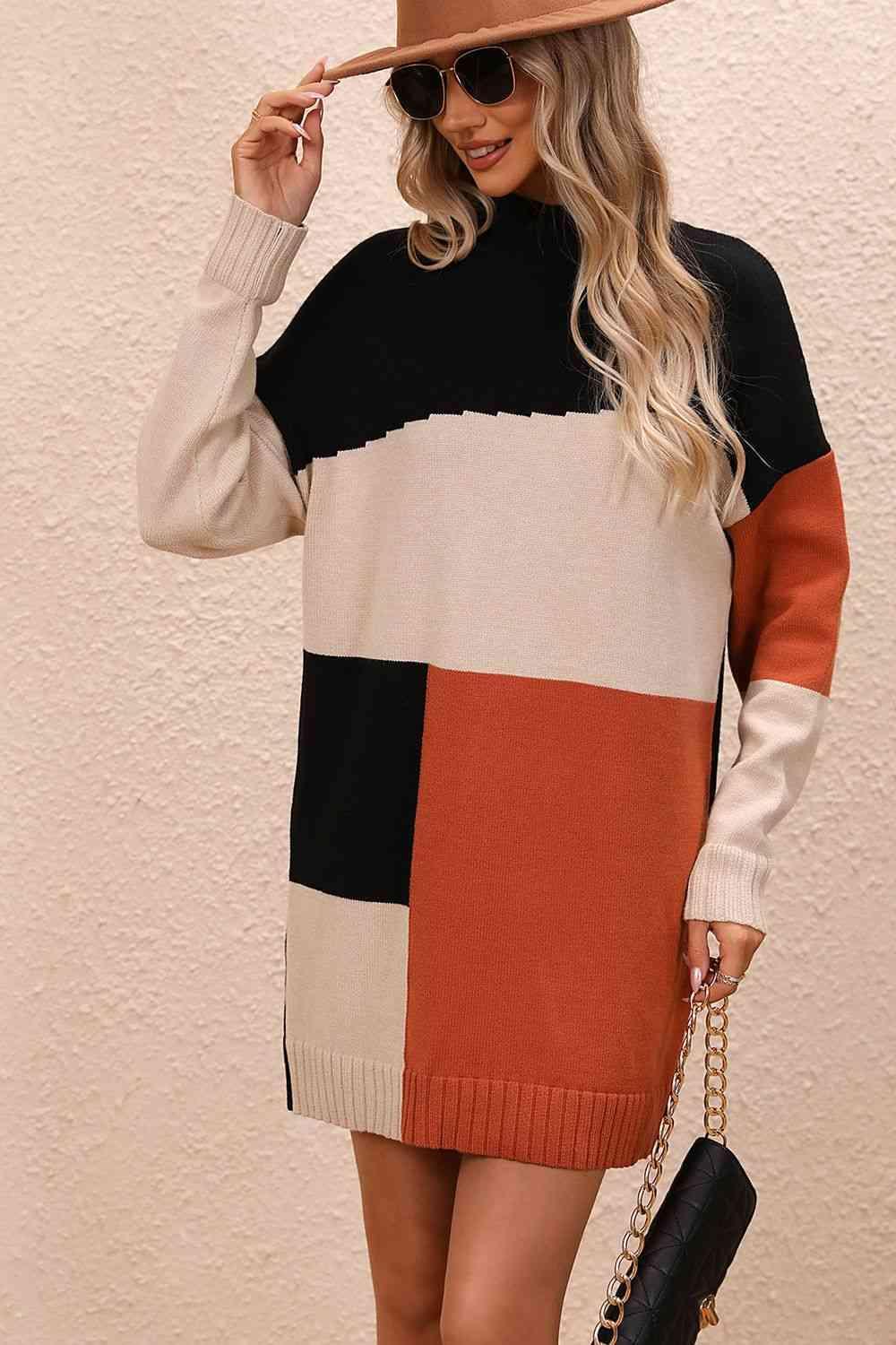 Awesome Warmth Color Block Sweater Dress - MXSTUDIO.COM