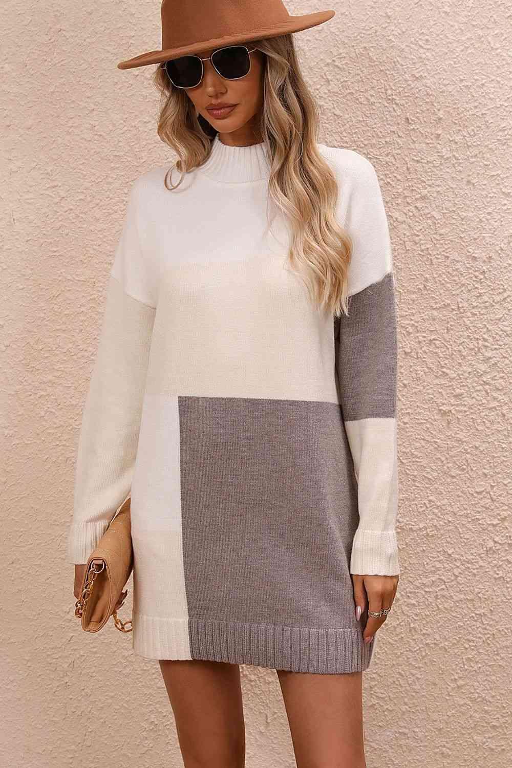 Awesome Warmth Color Block Sweater Dress - MXSTUDIO.COM