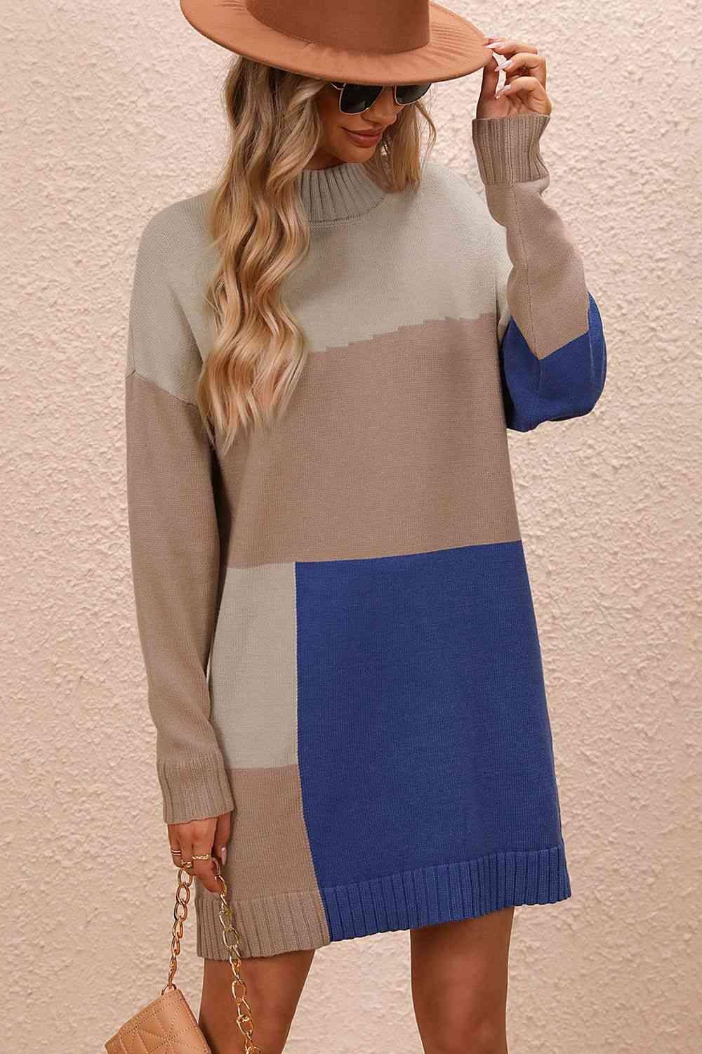 Awesome Warmth Color Block Sweater Dress - MXSTUDIO.COM