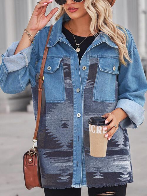 a woman wearing a denim jacket and hat