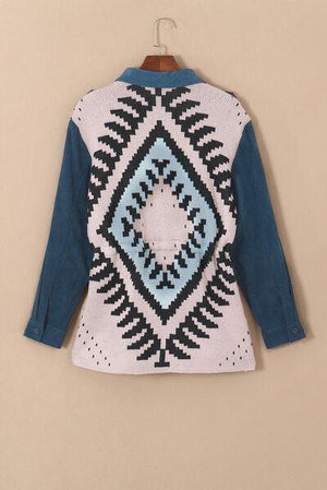 Aztec Inspired Back Print Drawstring Waist Jacket-MXSTUDIO.COM