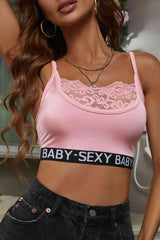 Baby Sexy Graphic Spliced Lace Cropped Cami - MXSTUDIO.COM