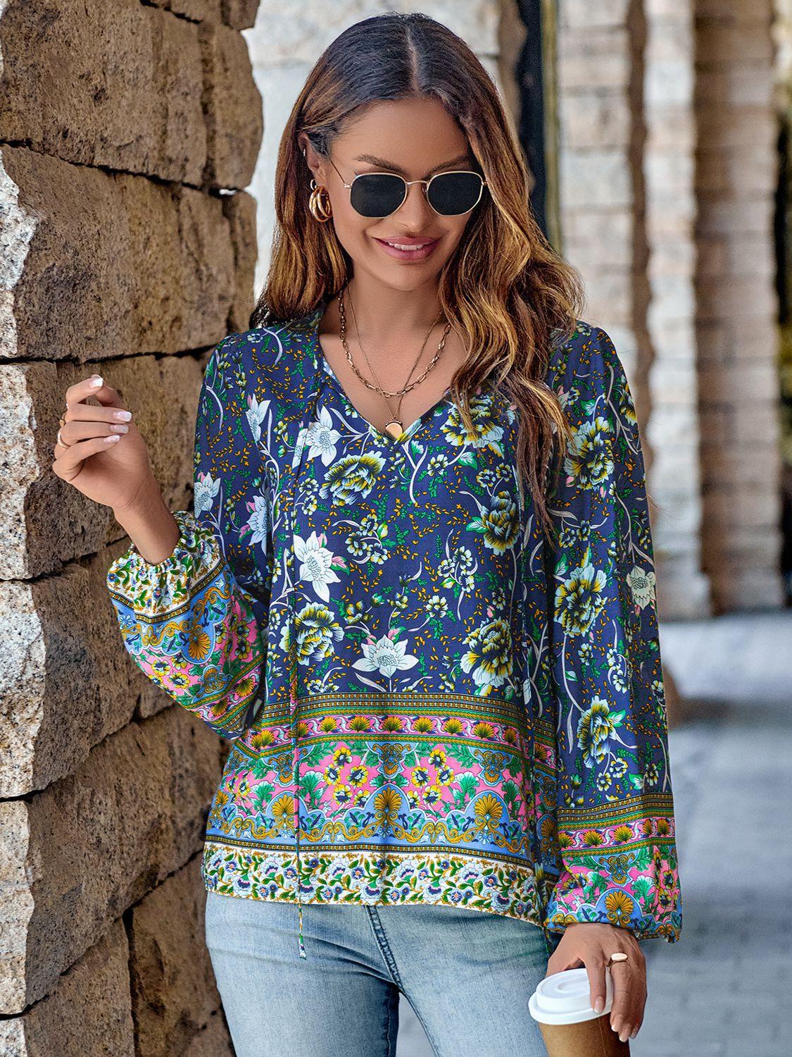 Balloon Sleeves Printed Tie Neck Long Sleeve Boho Blouse - MXSTUDIO.COM