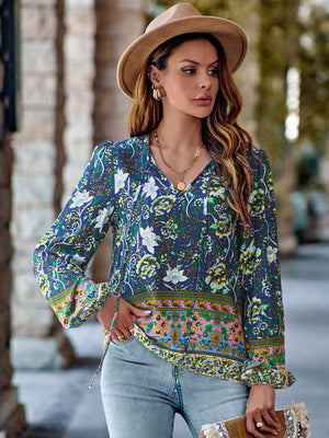 Balloon Sleeves Printed Tie Neck Long Sleeve Boho Blouse - MXSTUDIO.COM