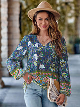 Balloon Sleeves Printed Tie Neck Long Sleeve Boho Blouse - MXSTUDIO.COM