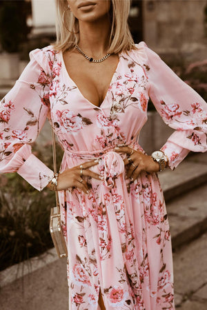 Barbie Fresh Plunge Neck Long Sleeve Floral Maxi Dress - MXSTUDIO.COM