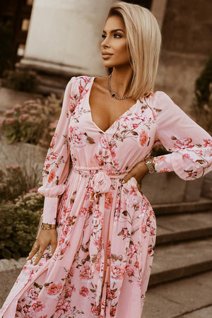 Barbie Fresh Plunge Neck Long Sleeve Floral Maxi Dress - MXSTUDIO.COM