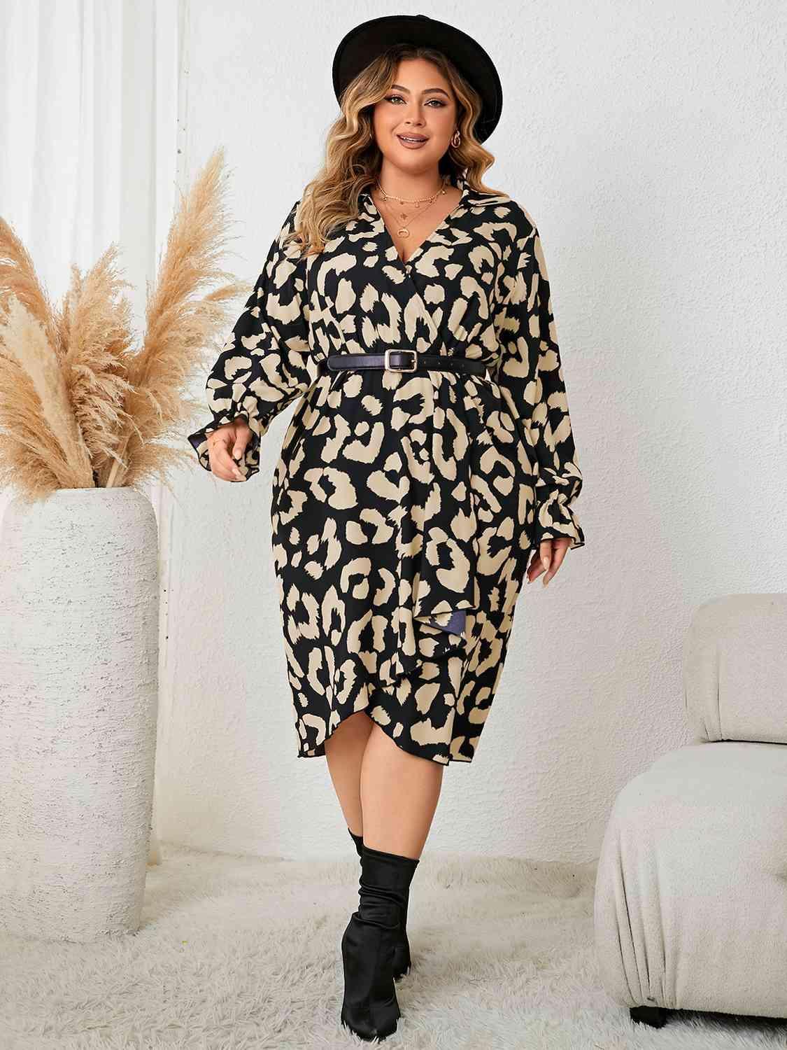 Be Attentive Flounce Sleeve Plus Size Leopard Dress - MXSTUDIO.COM